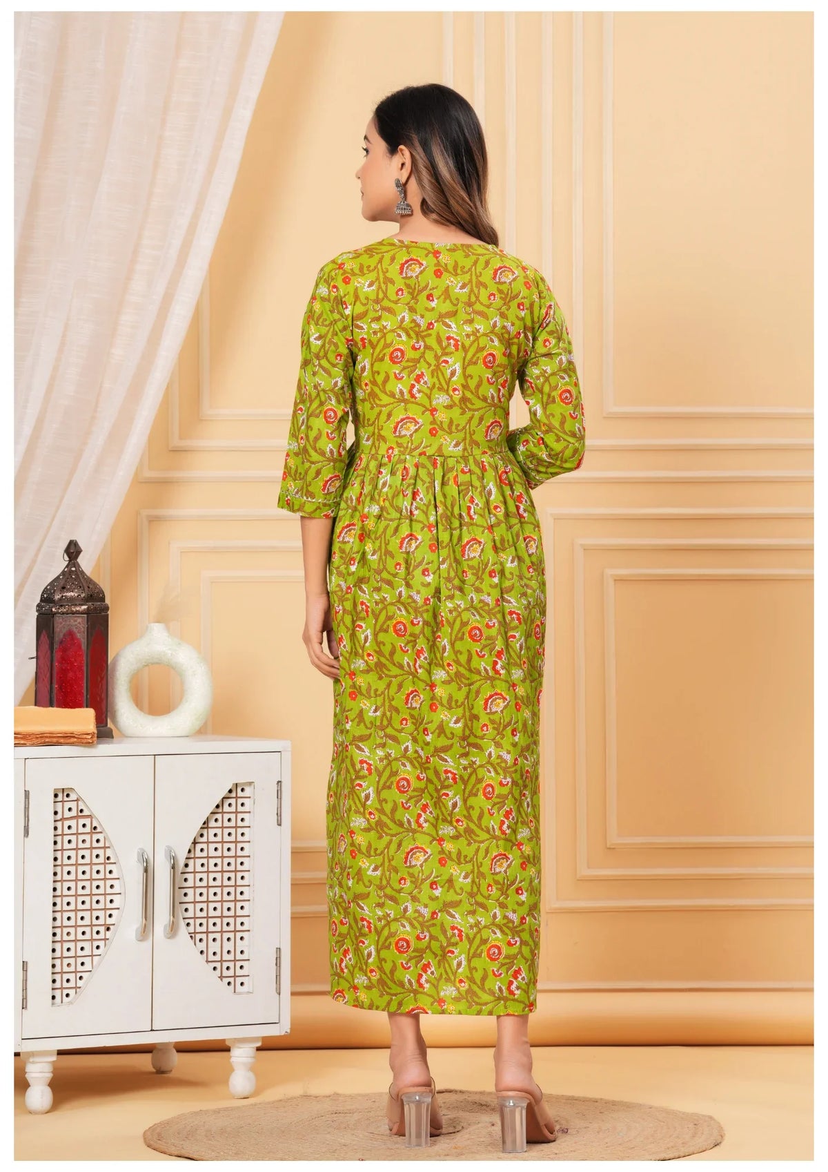 Green Printed Maternity & Feeding Midi Dress for Women