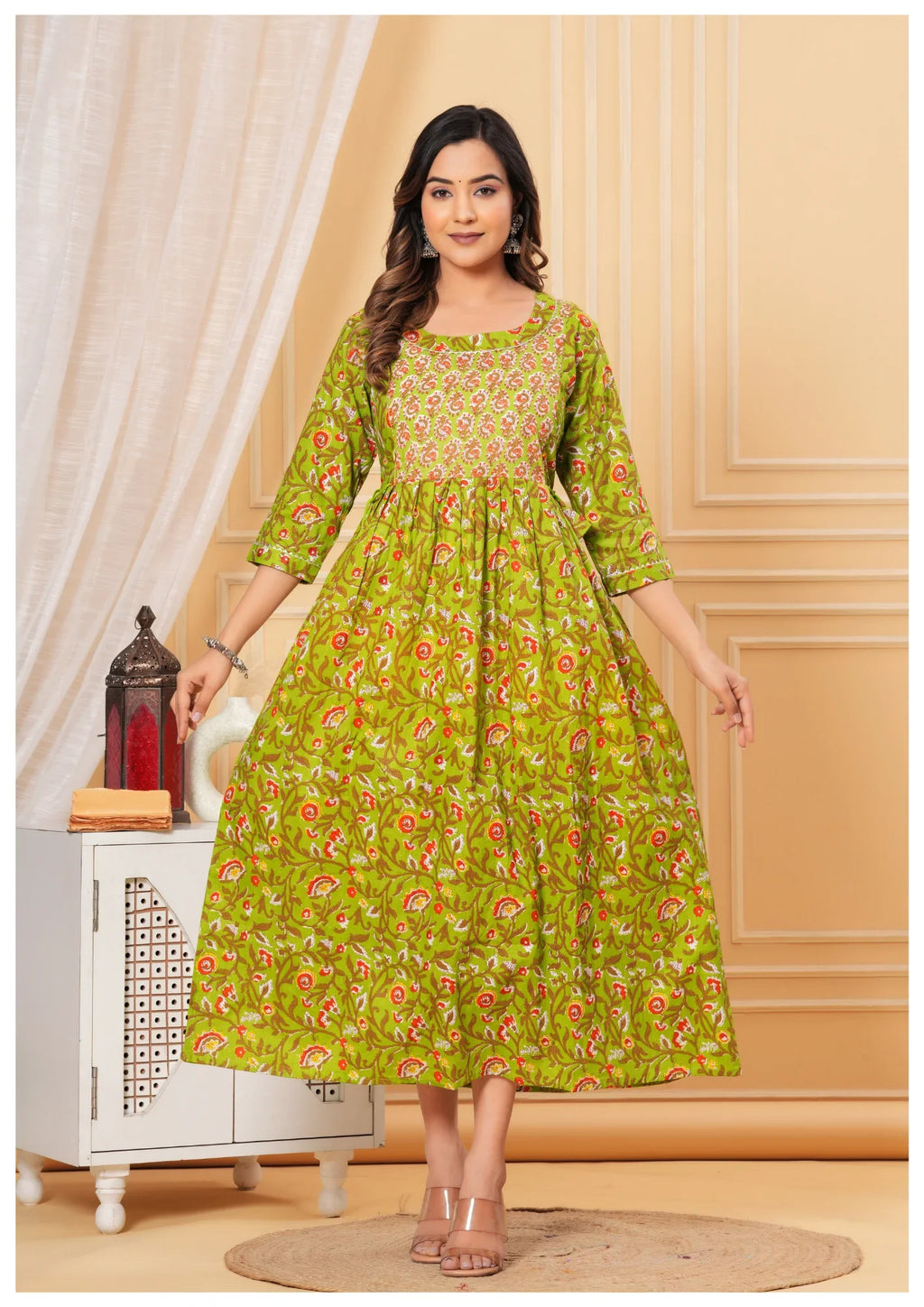 Green Printed Maternity & Feeding Midi Dress for Women