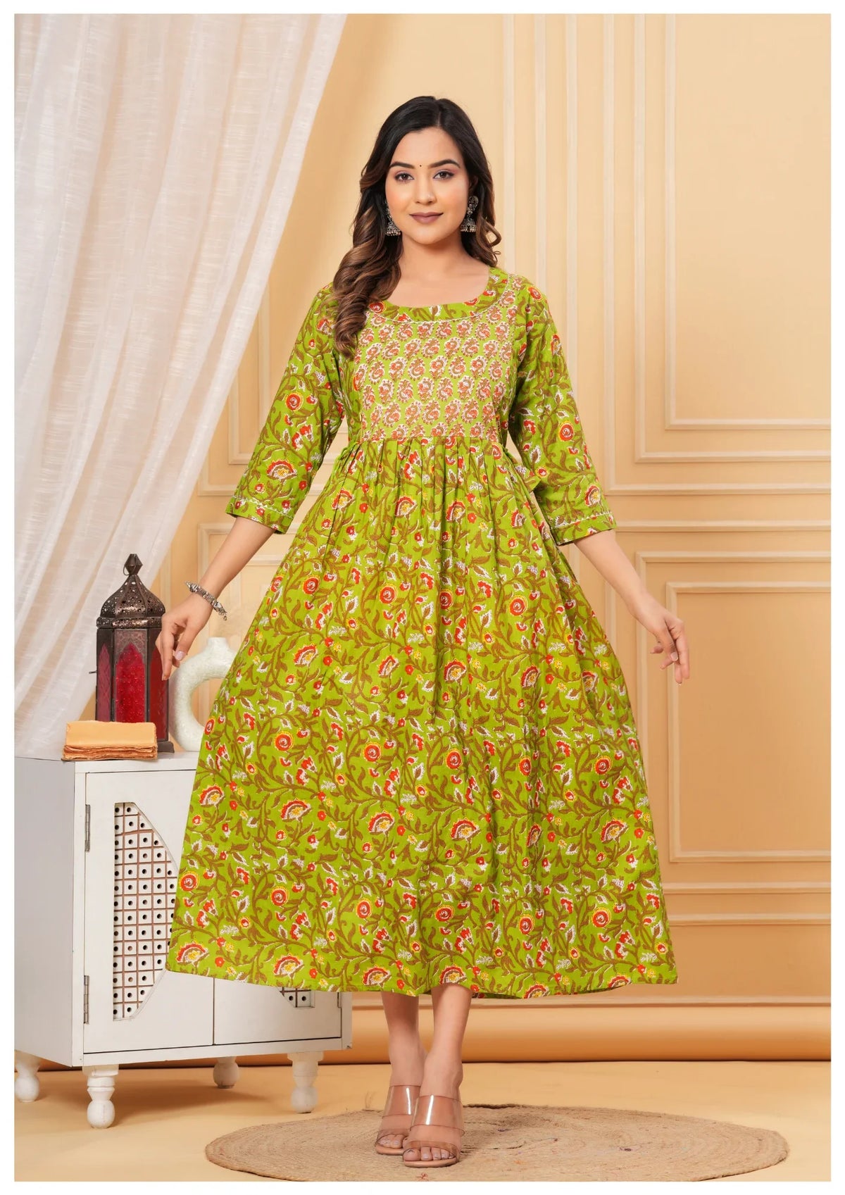 Green Printed Maternity & Feeding Midi Dress for Women