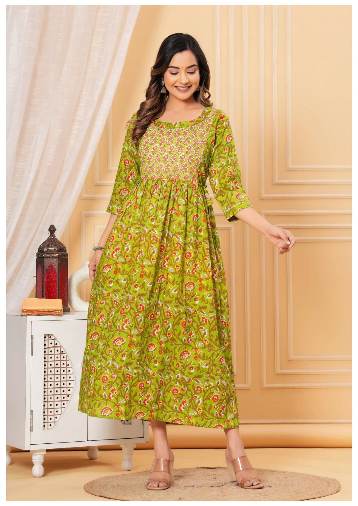 Green Printed Maternity & Feeding Midi Dress for Women