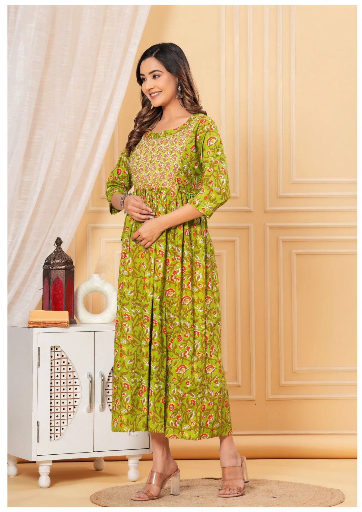 Green Printed Maternity & Feeding Midi Dress for Women