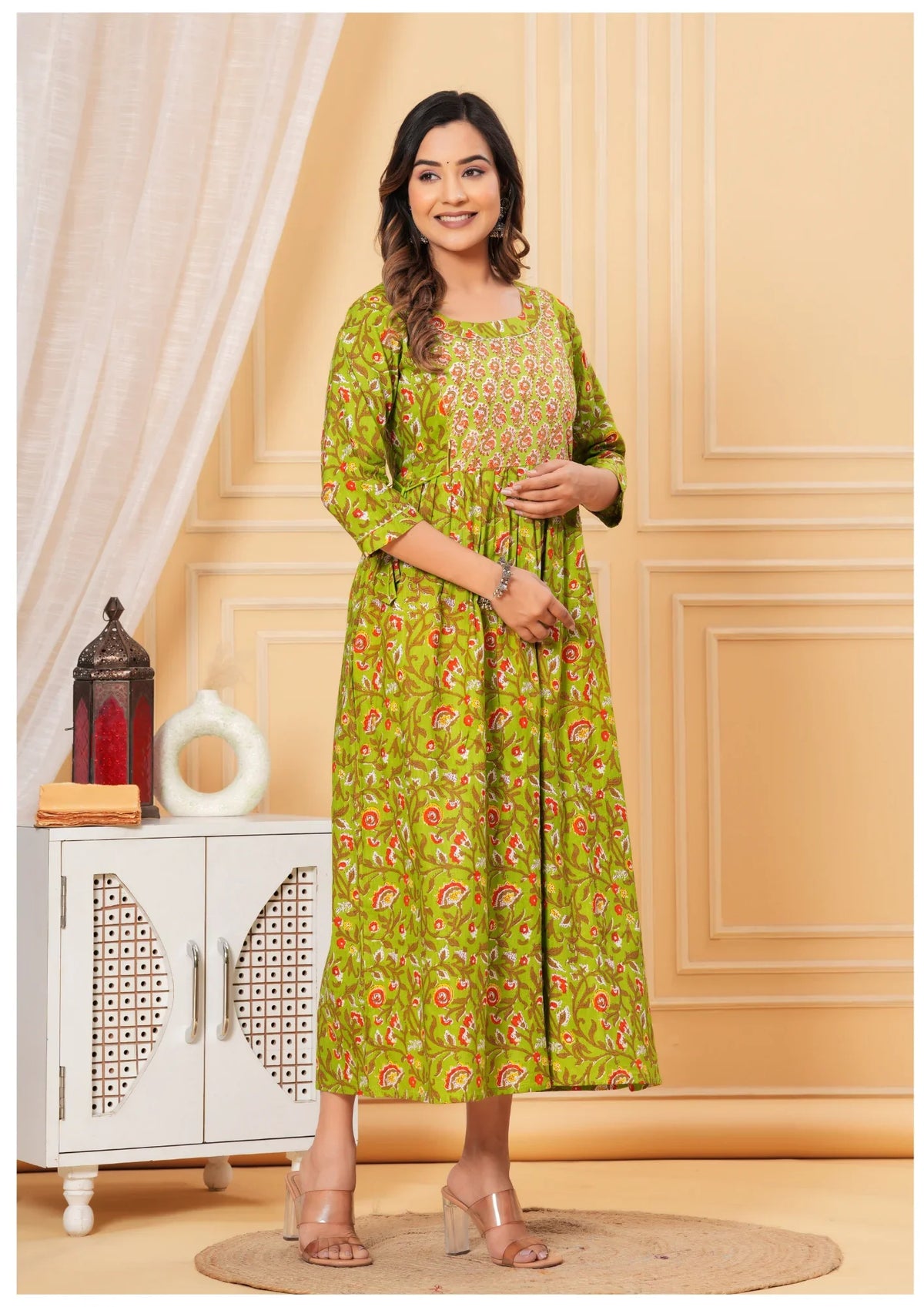 Green Printed Maternity & Feeding Midi Dress for Women