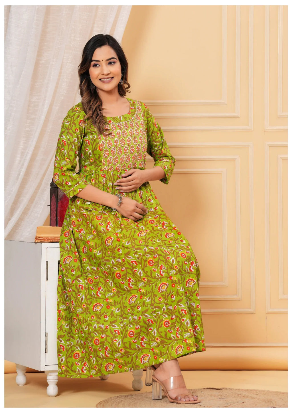 Green Printed Maternity & Feeding Midi Dress for Women
