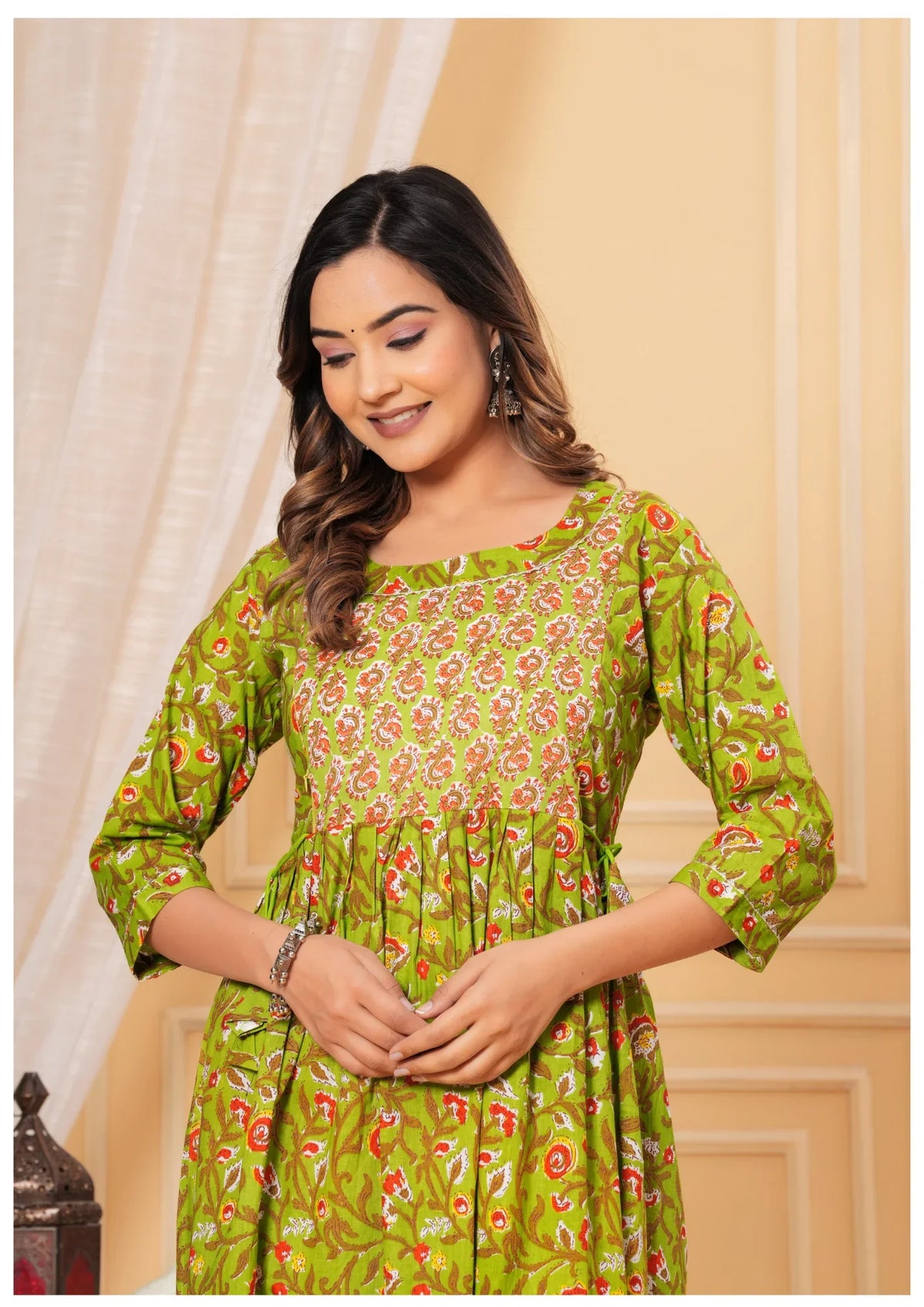 Green Printed Maternity & Feeding Midi Dress for Women
