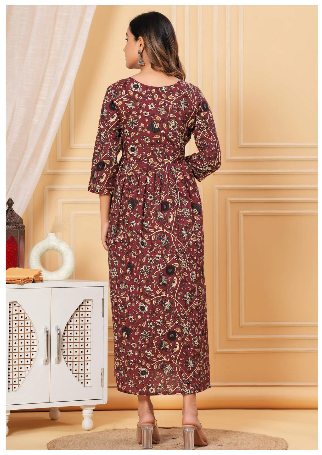 Maroon Floral Maternity & Feeding Midi Dress