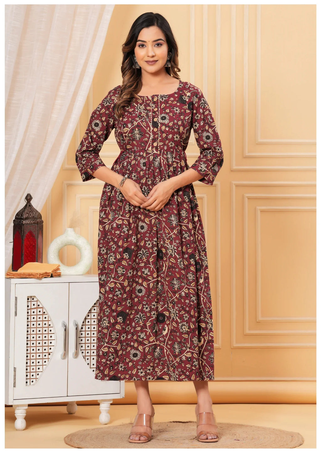 Maroon Floral Maternity & Feeding Midi Dress