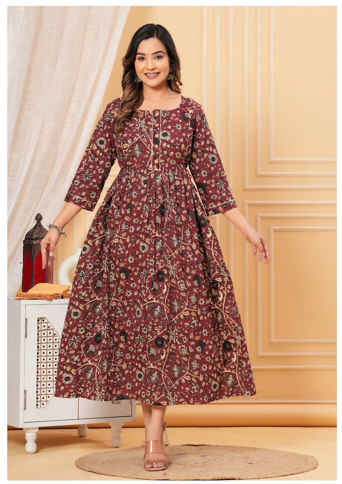 Maroon Floral Maternity & Feeding Midi Dress.