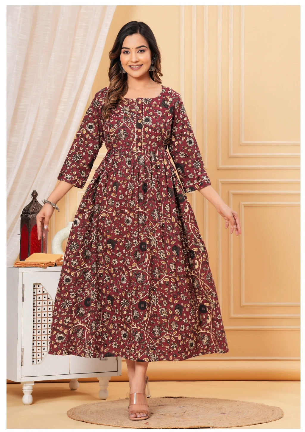 Maroon Floral Maternity & Feeding Midi Dress