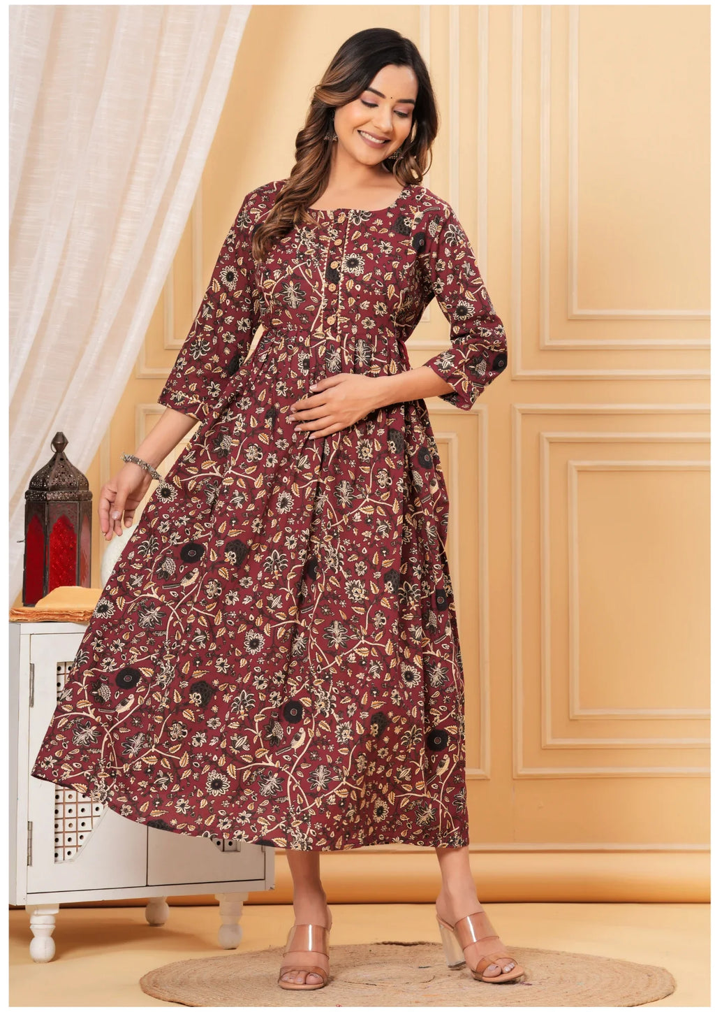 Maroon Floral Maternity & Feeding Midi Dress