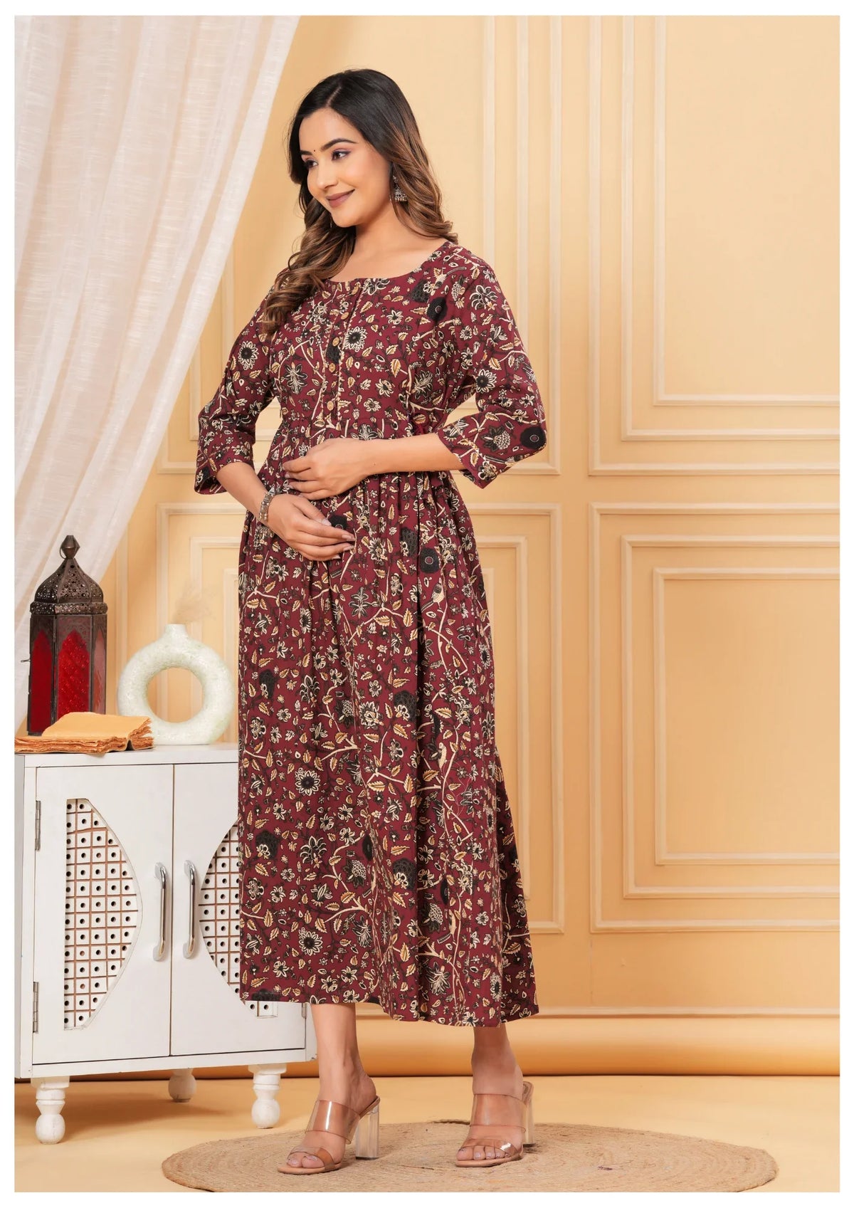 Maroon Floral Maternity & Feeding Midi Dress