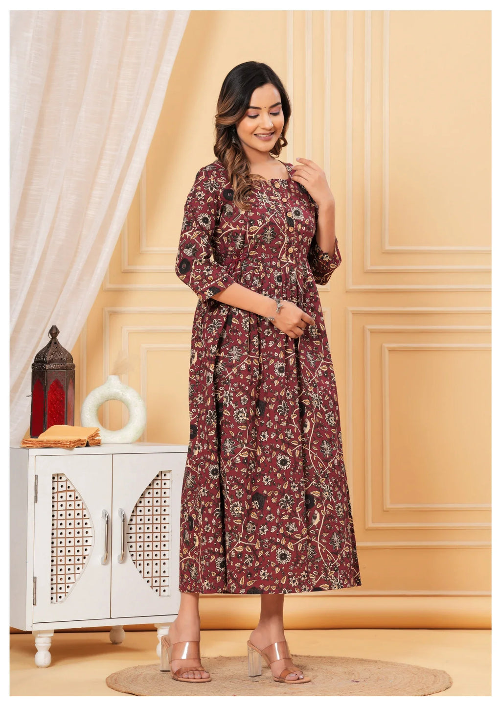 Maroon Floral Maternity & Feeding Midi Dress