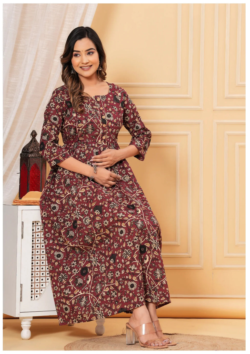 Maroon Floral Maternity & Feeding Midi Dress.