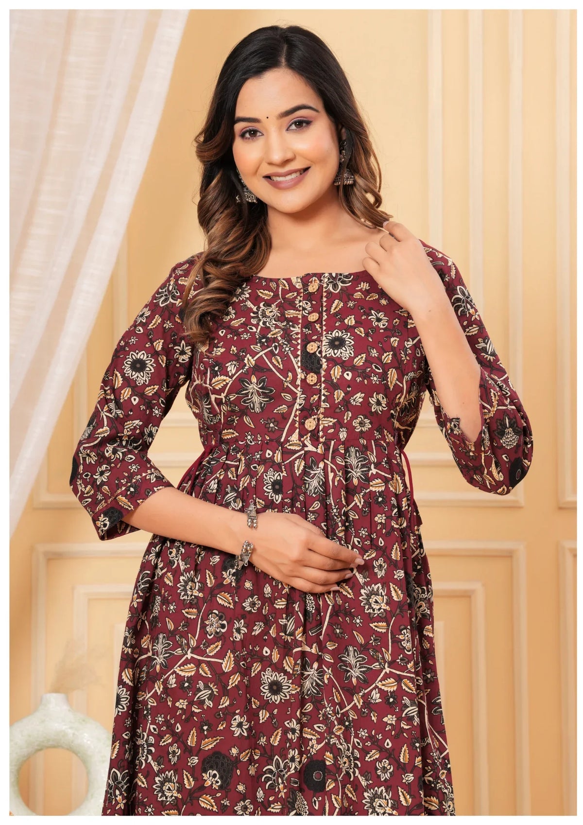 Maroon Floral Maternity & Feeding Midi Dress