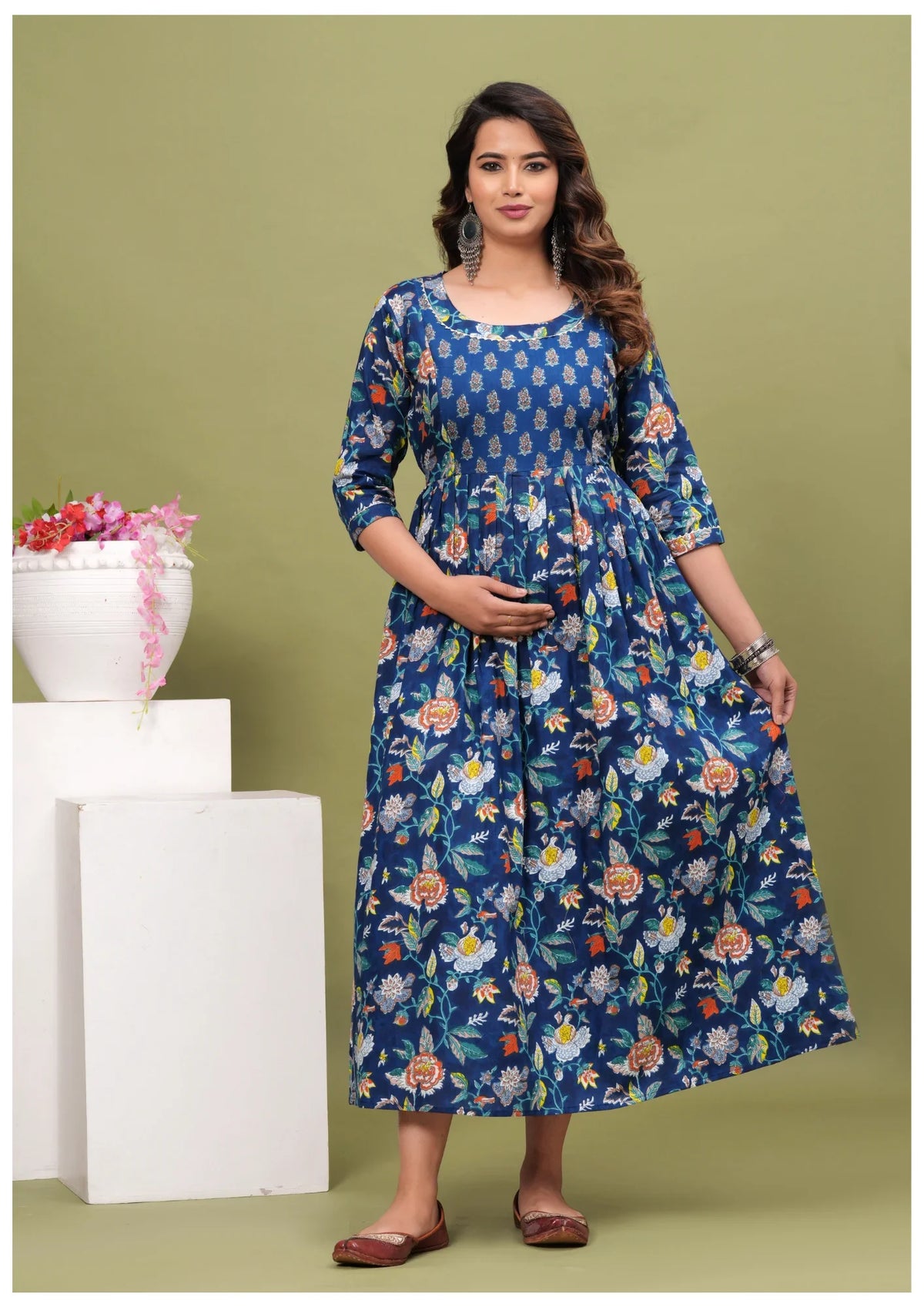 Royal Blue Floral Maternity & Feeding Maxi Gown – Elegant Nursing Dress