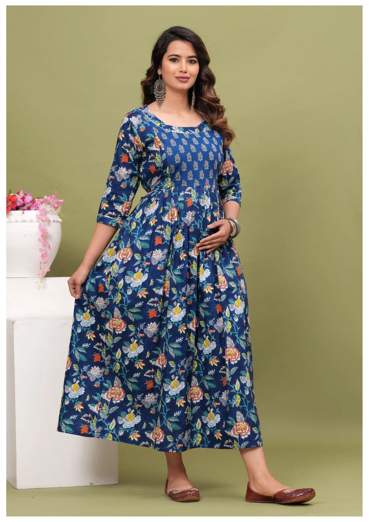 Royal Blue Floral Maternity & Feeding Maxi Gown – Elegant Nursing Dress