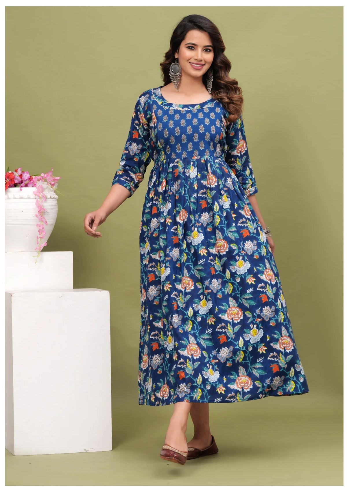 Royal Blue Floral Maternity & Feeding Maxi Gown – Elegant Nursing Dress