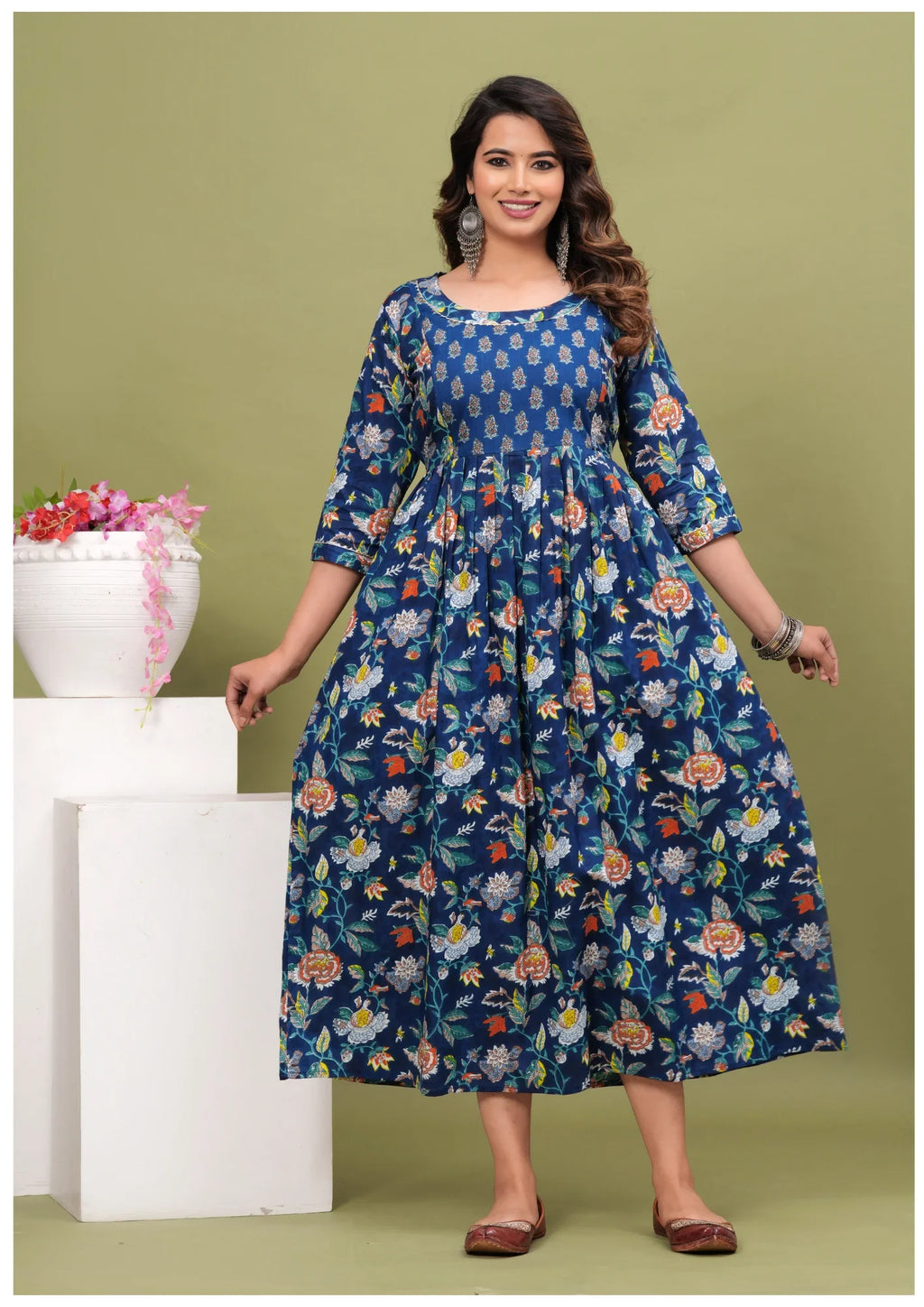 Royal Blue Floral Maternity & Feeding Maxi Gown – Elegant Nursing Dress