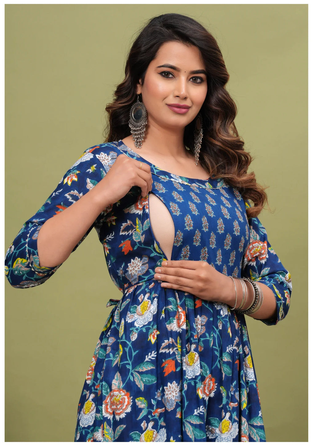 Royal Blue Floral Maternity & Feeding Maxi Gown – Elegant Nursing Dress