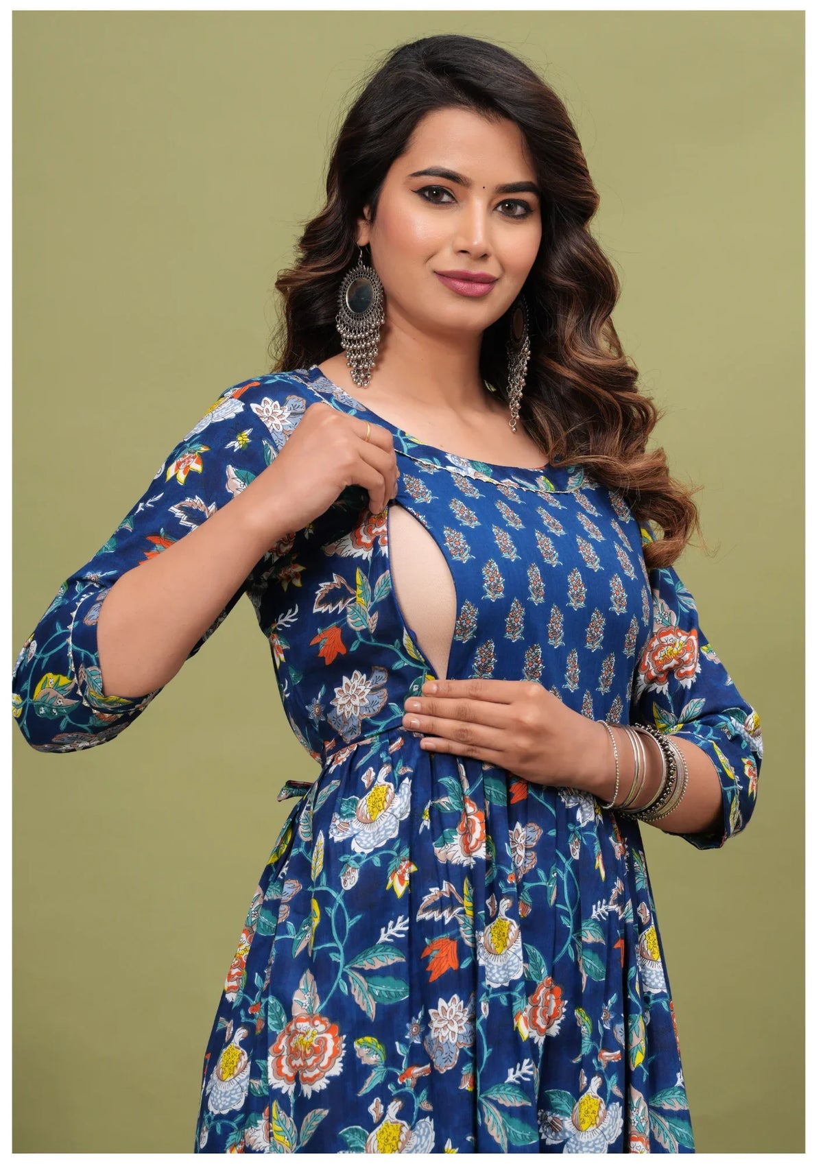 Royal Blue Floral Maternity & Feeding Maxi Gown – Elegant Nursing Dress