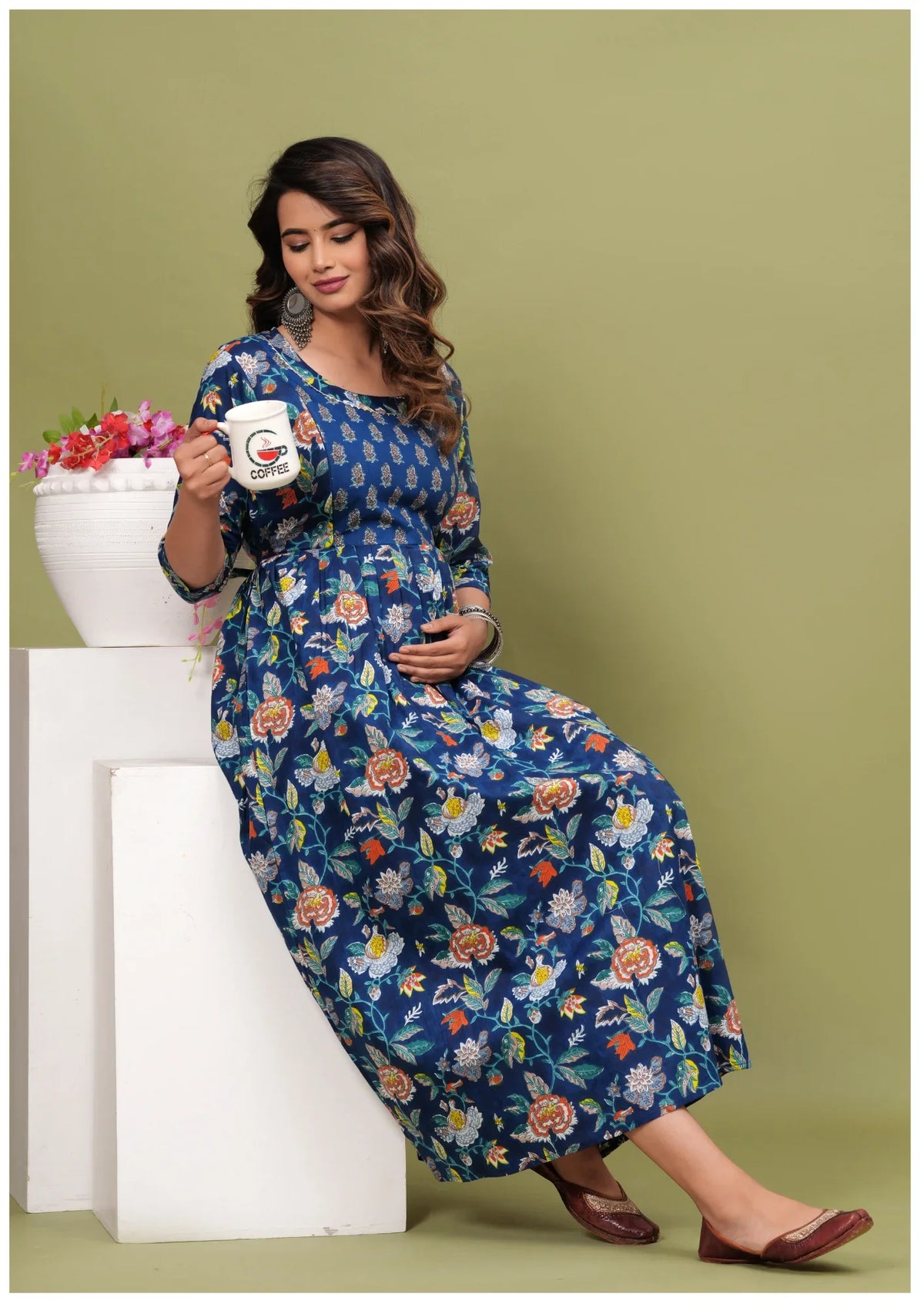 Royal Blue Floral Maternity & Feeding Maxi Gown – Elegant Nursing Dress