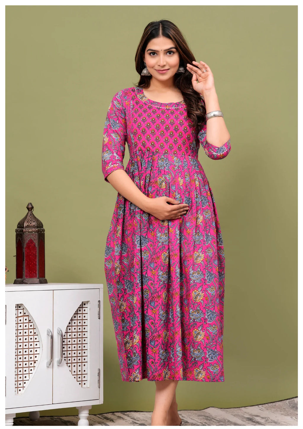 Elegant Pink Floral Maternity & Nursing Maxi Gown with Feeding Zip