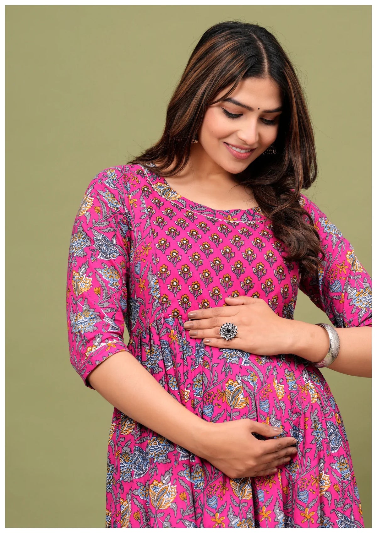 Elegant Pink Floral Maternity & Nursing Maxi Gown with Feeding Zip