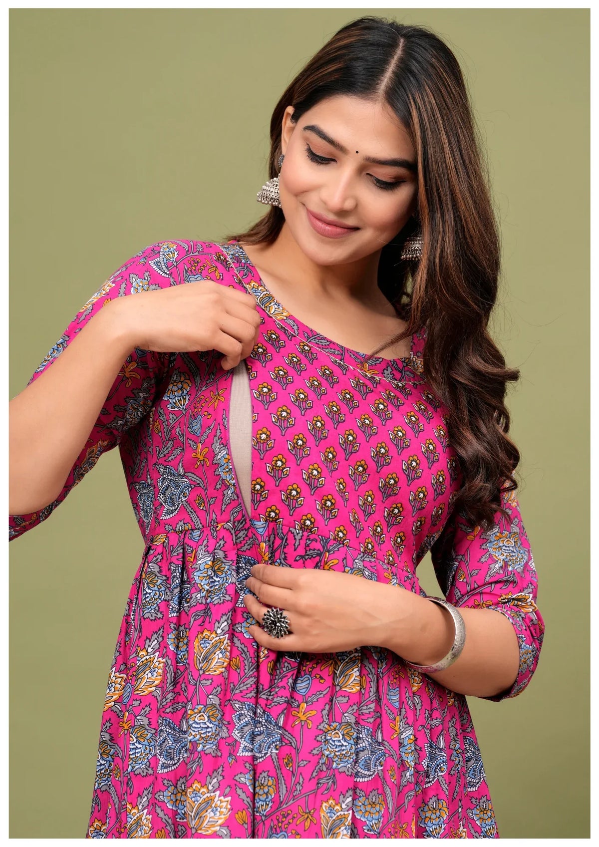 Elegant Pink Floral Maternity & Nursing Maxi Gown with Feeding Zip