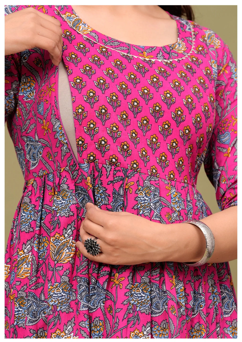 Elegant Pink Floral Maternity & Nursing Maxi Gown with Feeding Zip