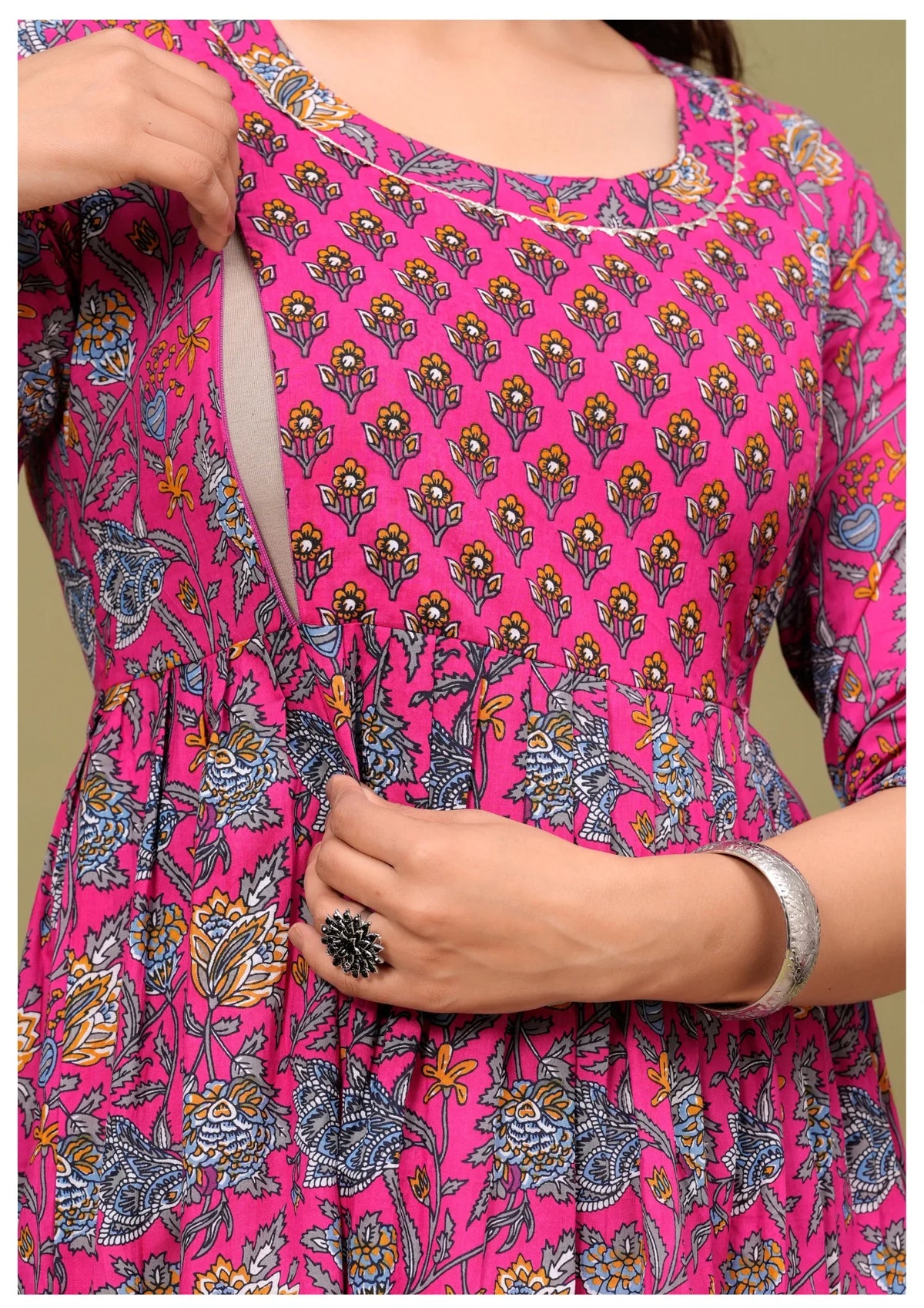 Elegant Pink Floral Maternity & Nursing Maxi Gown with Feeding Zip