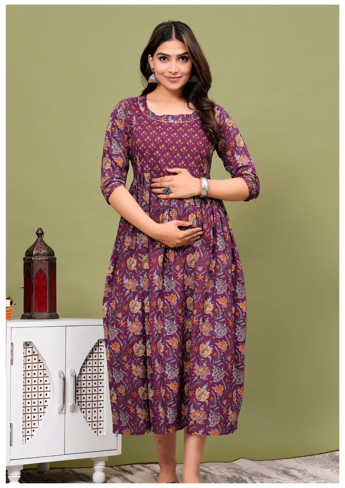Royal Wine Floral Maternity & Feeding Maxi Gown – Elegant Nursing Dress