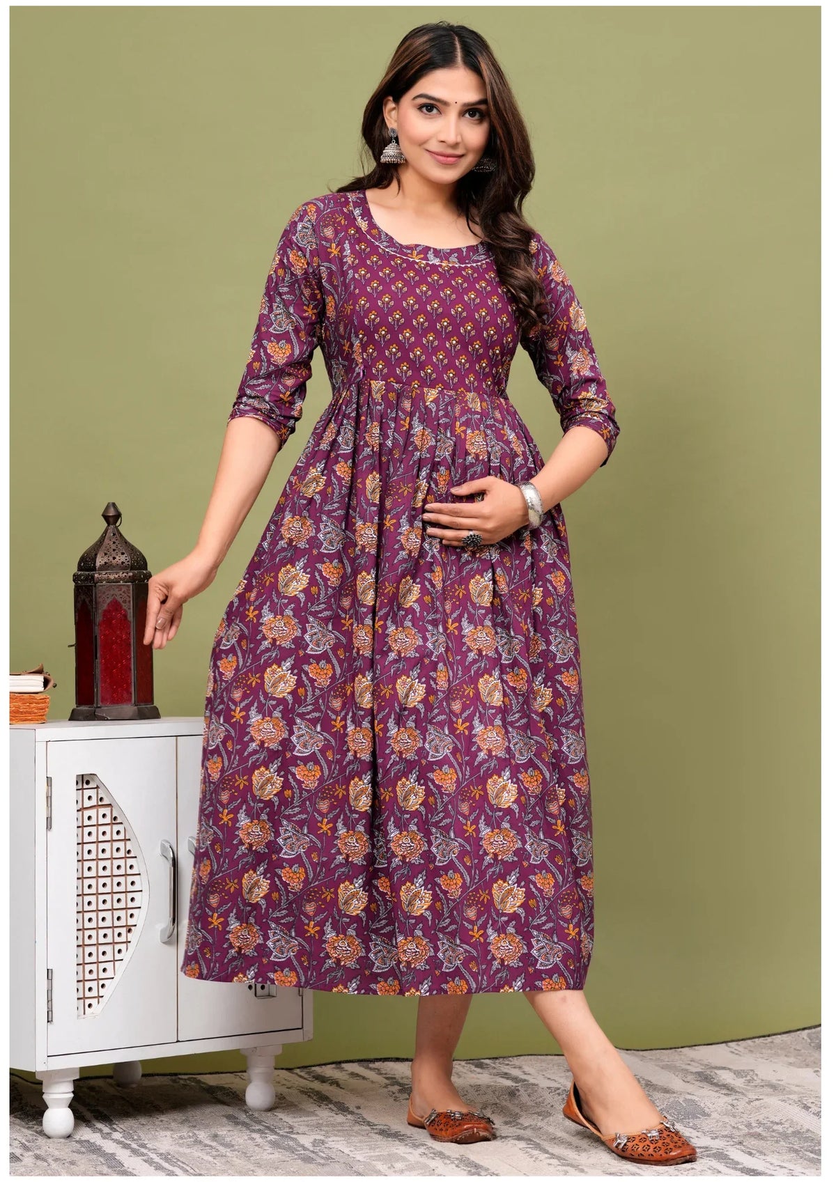Royal Wine Floral Maternity & Feeding Maxi Gown – Elegant Nursing Dress