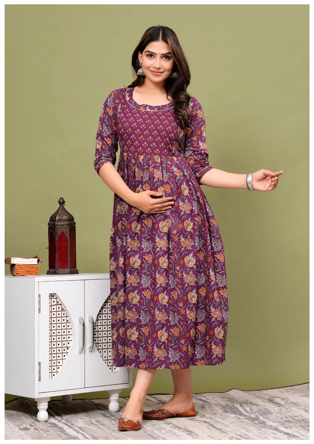 Royal Wine Floral Maternity & Feeding Maxi Gown – Elegant Nursing Dress
