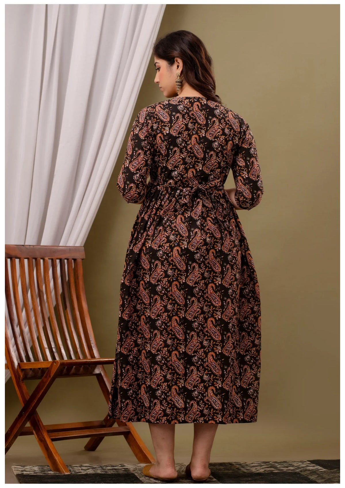 Black Paisley Print Maternity & Feeding Kurti Gown for Women