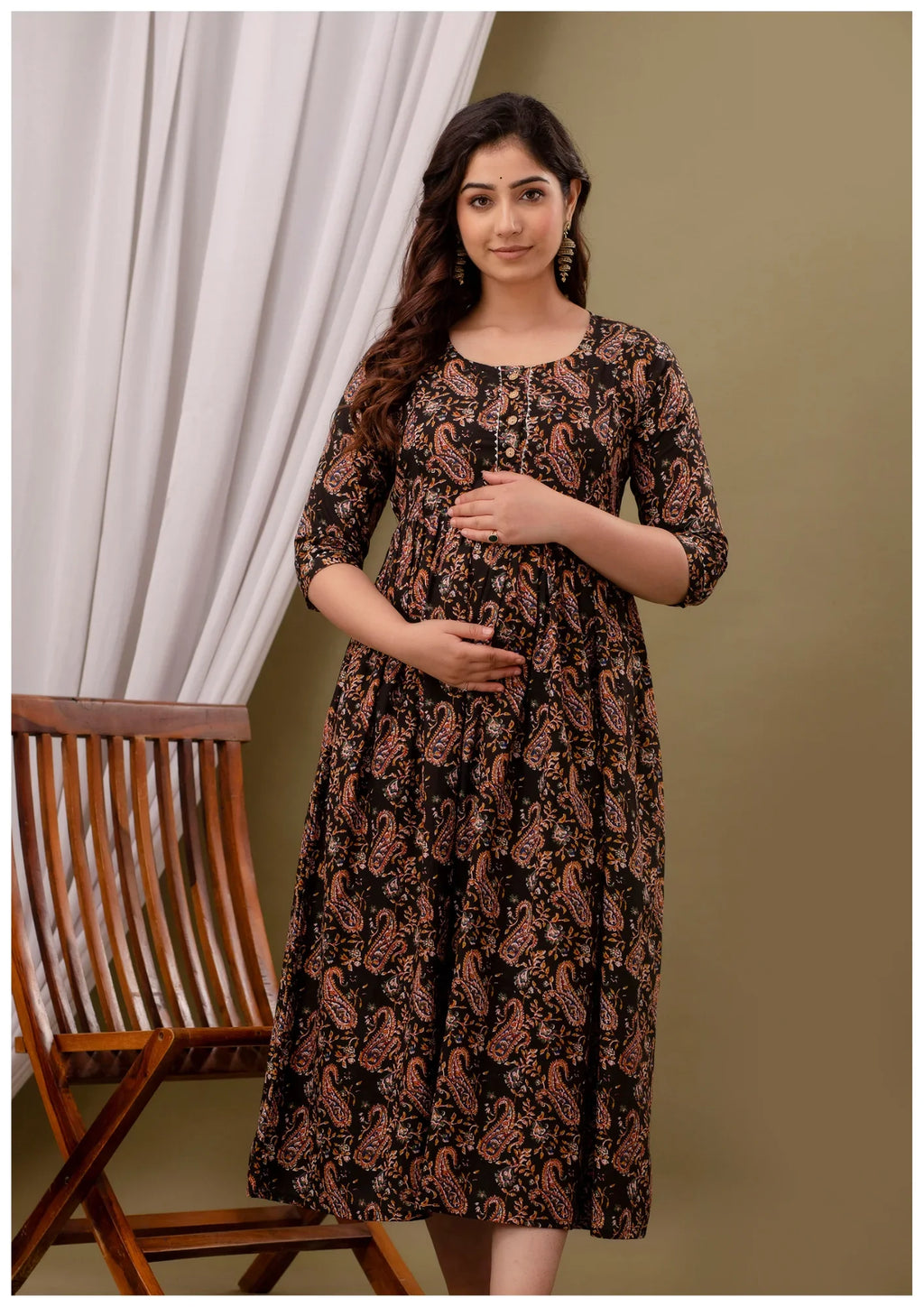 Black Paisley Print Maternity & Feeding Kurti Gown for Women