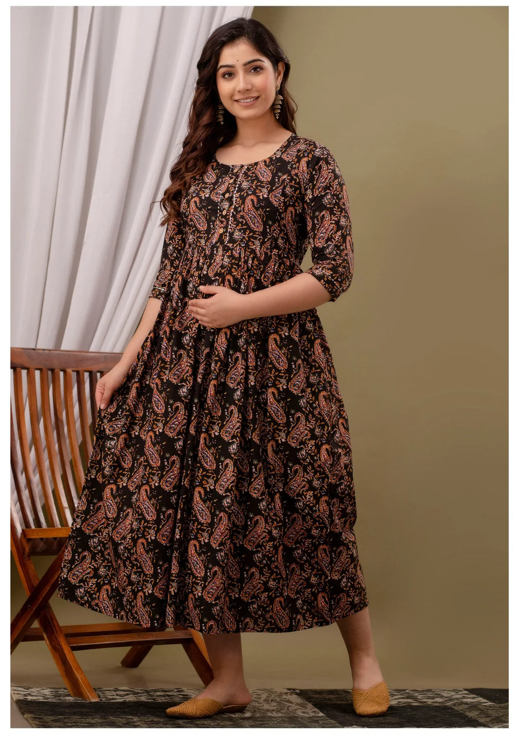 Black Paisley Print Maternity & Feeding Kurti Gown for Women