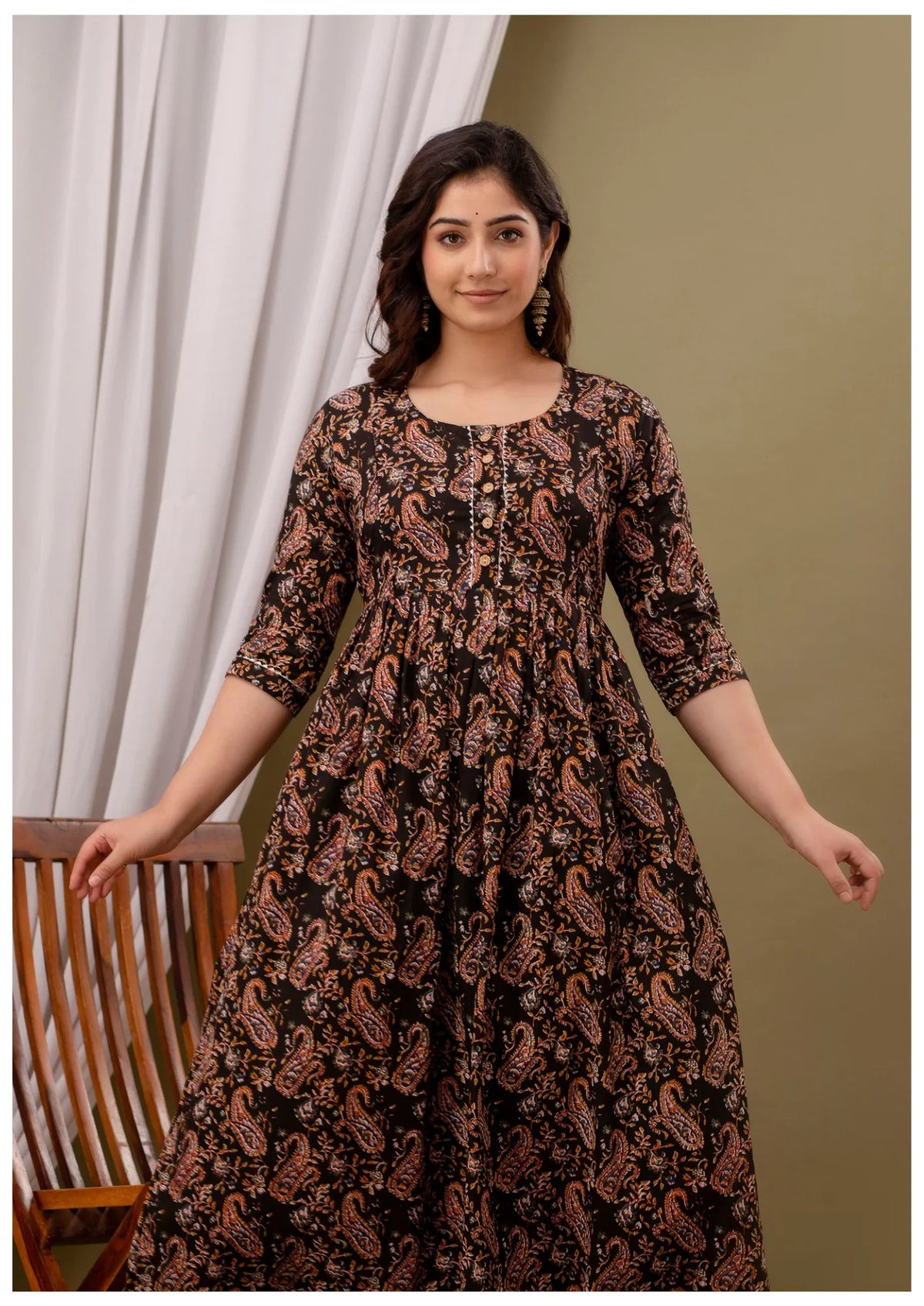 Black Paisley Print Maternity & Feeding Kurti Gown for Women