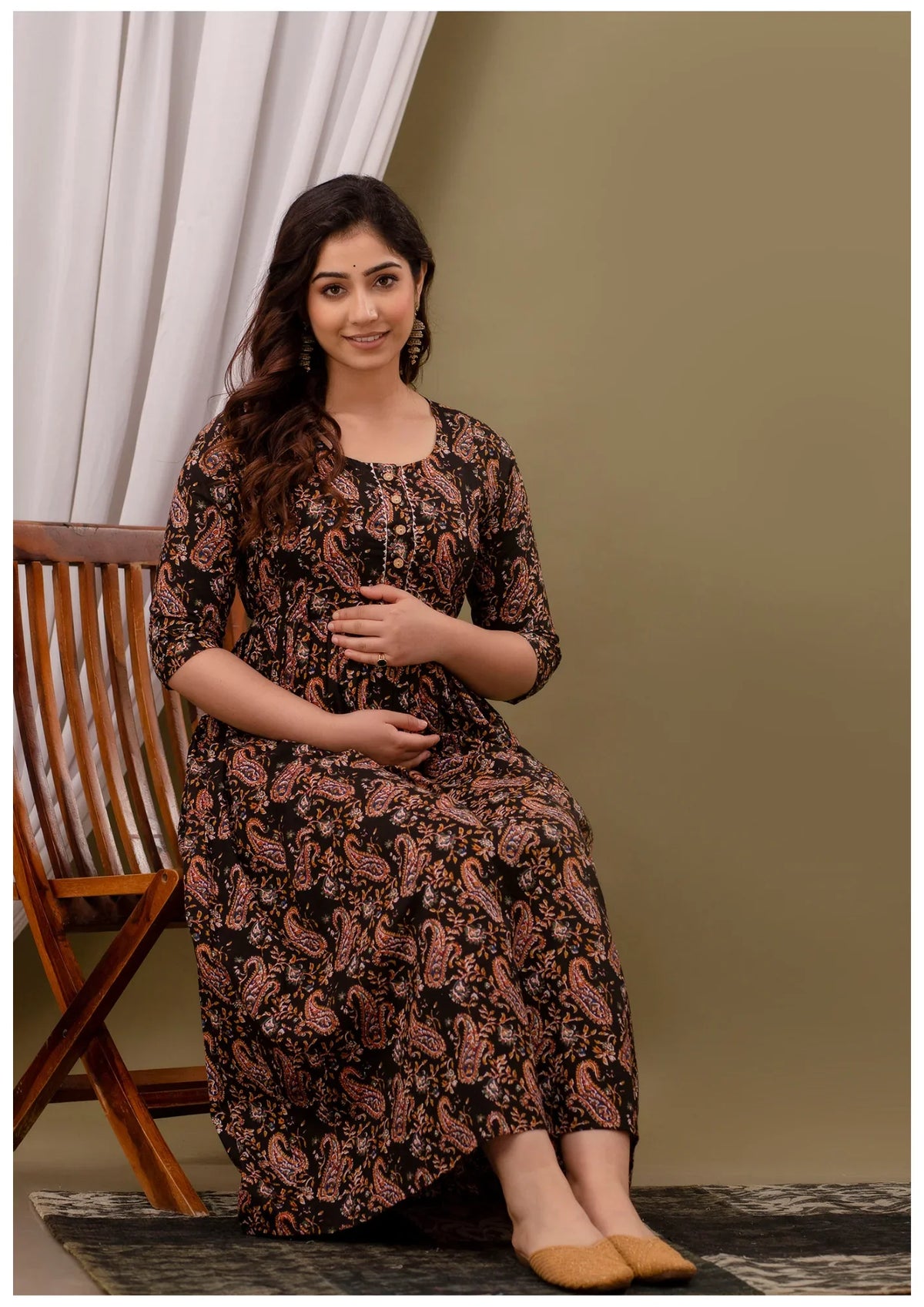 Black Paisley Print Maternity & Feeding Kurti Gown for Women