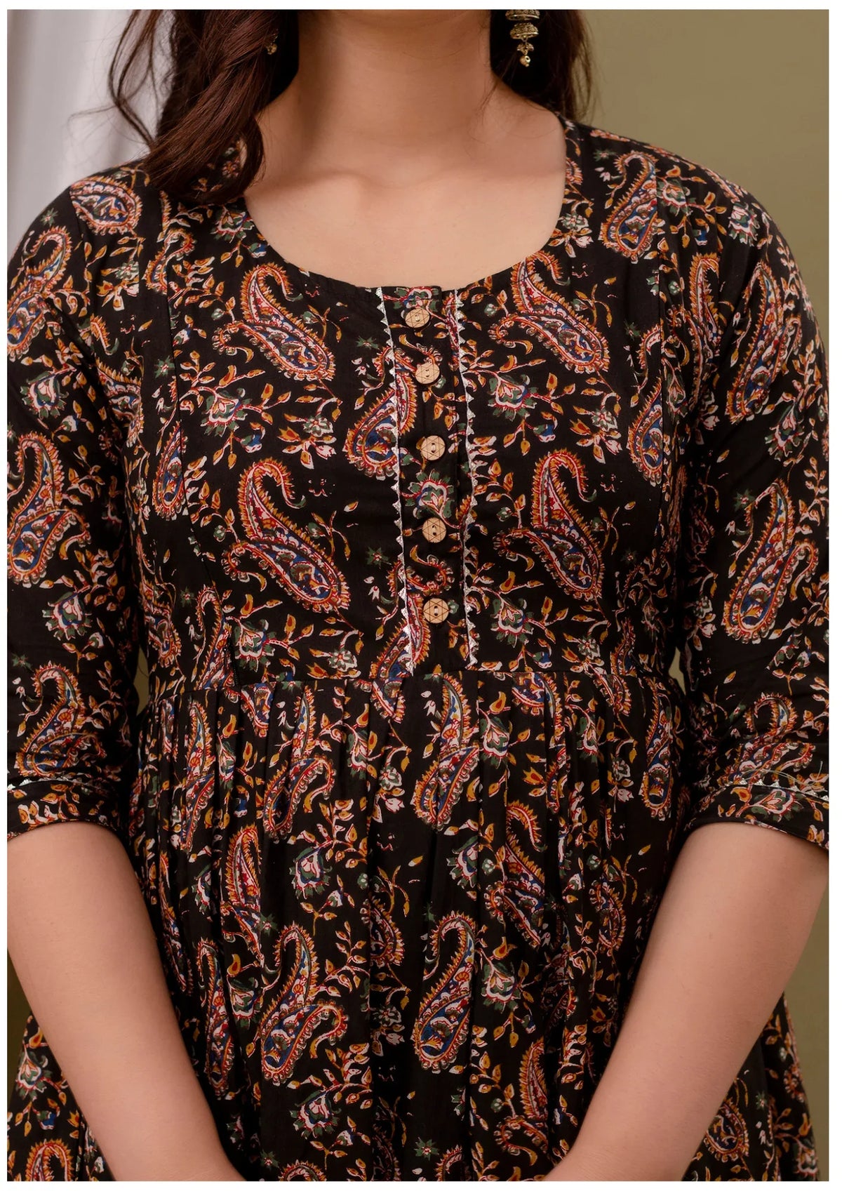 Black Paisley Print Maternity & Feeding Kurti Gown for Women