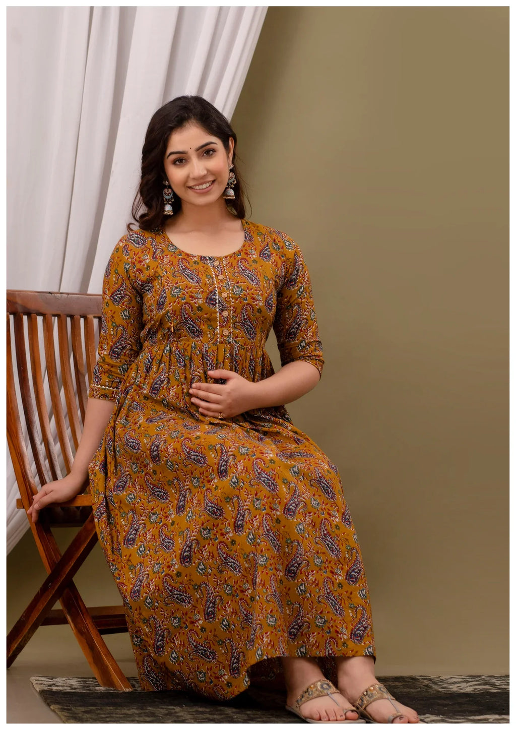 Mustard Paisley Print Maternity & Feeding Kurti Dress for Women