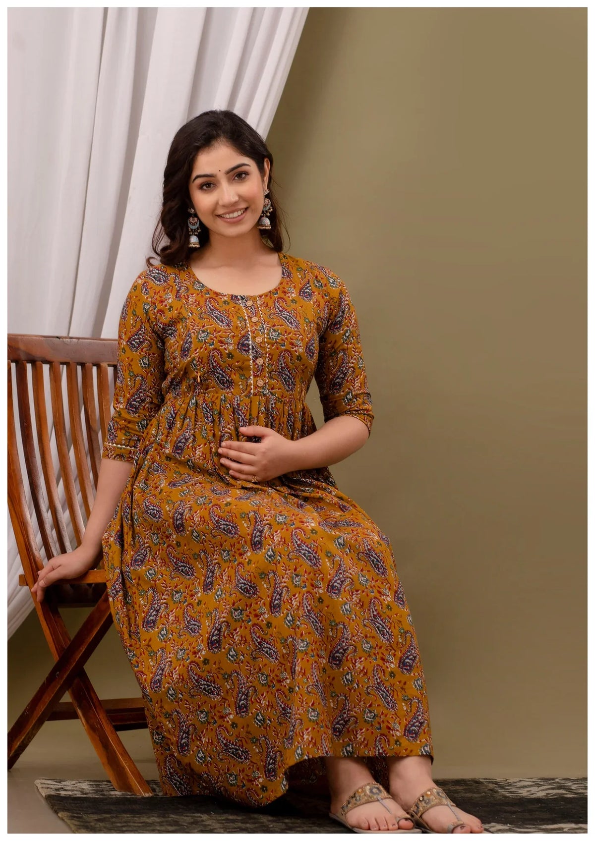 Mustard Paisley Print Maternity & Feeding Kurti Dress for Women