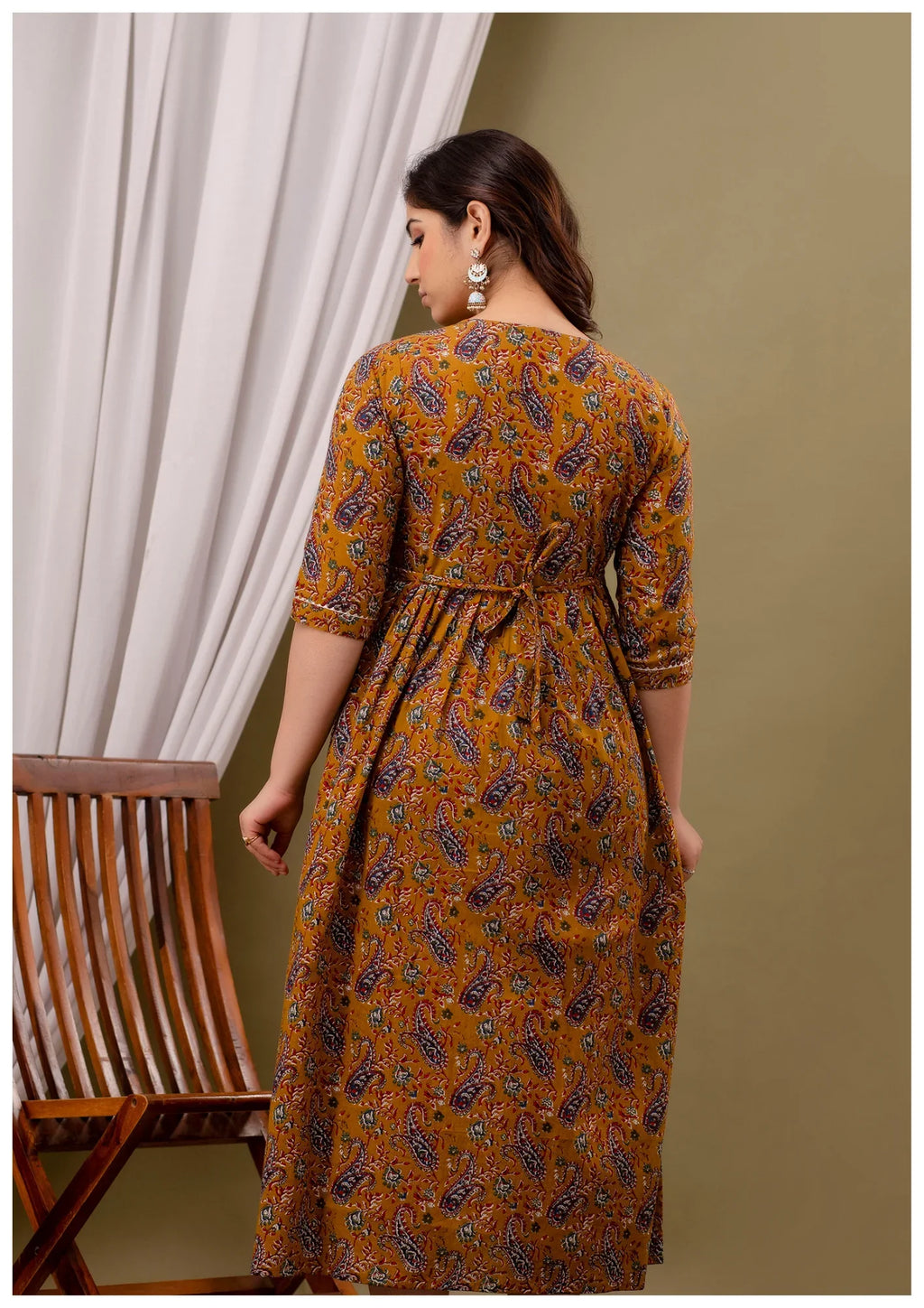 Mustard Paisley Print Maternity & Feeding Kurti Dress for Women