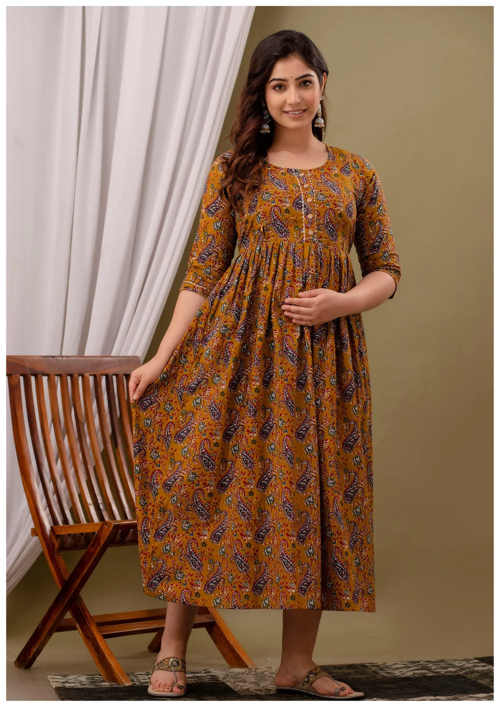 Mustard Paisley Print Maternity & Feeding Kurti Dress for Women