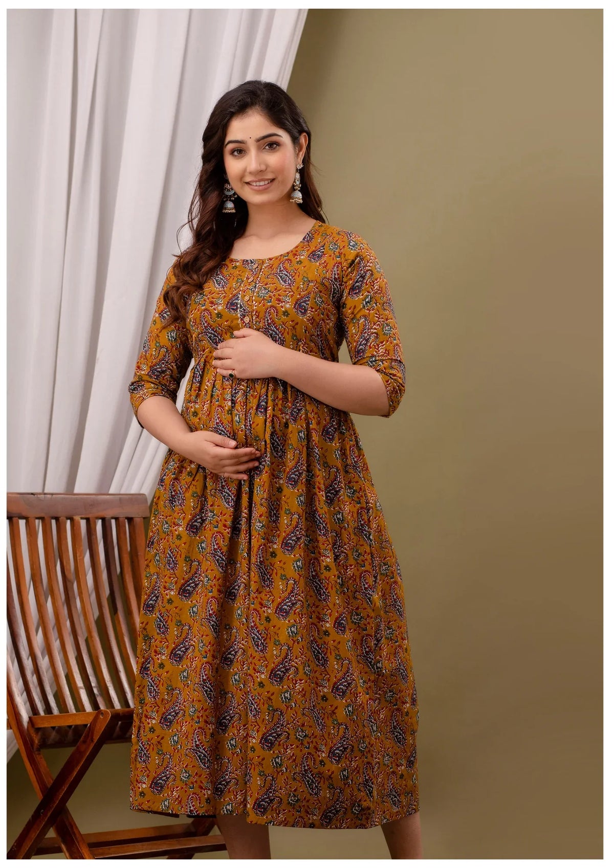 Mustard Paisley Print Maternity & Feeding Kurti Dress for Women