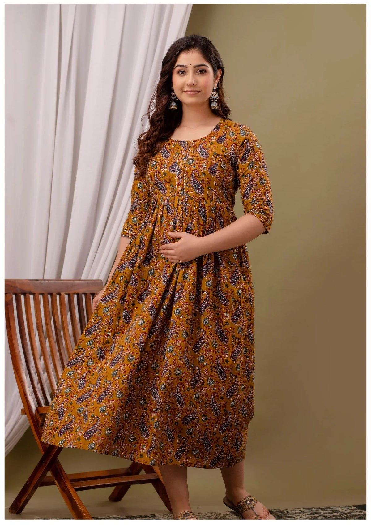 Luxury Mustard Paisley Maternity & Feeding Gown – Elegant Nursing Wear