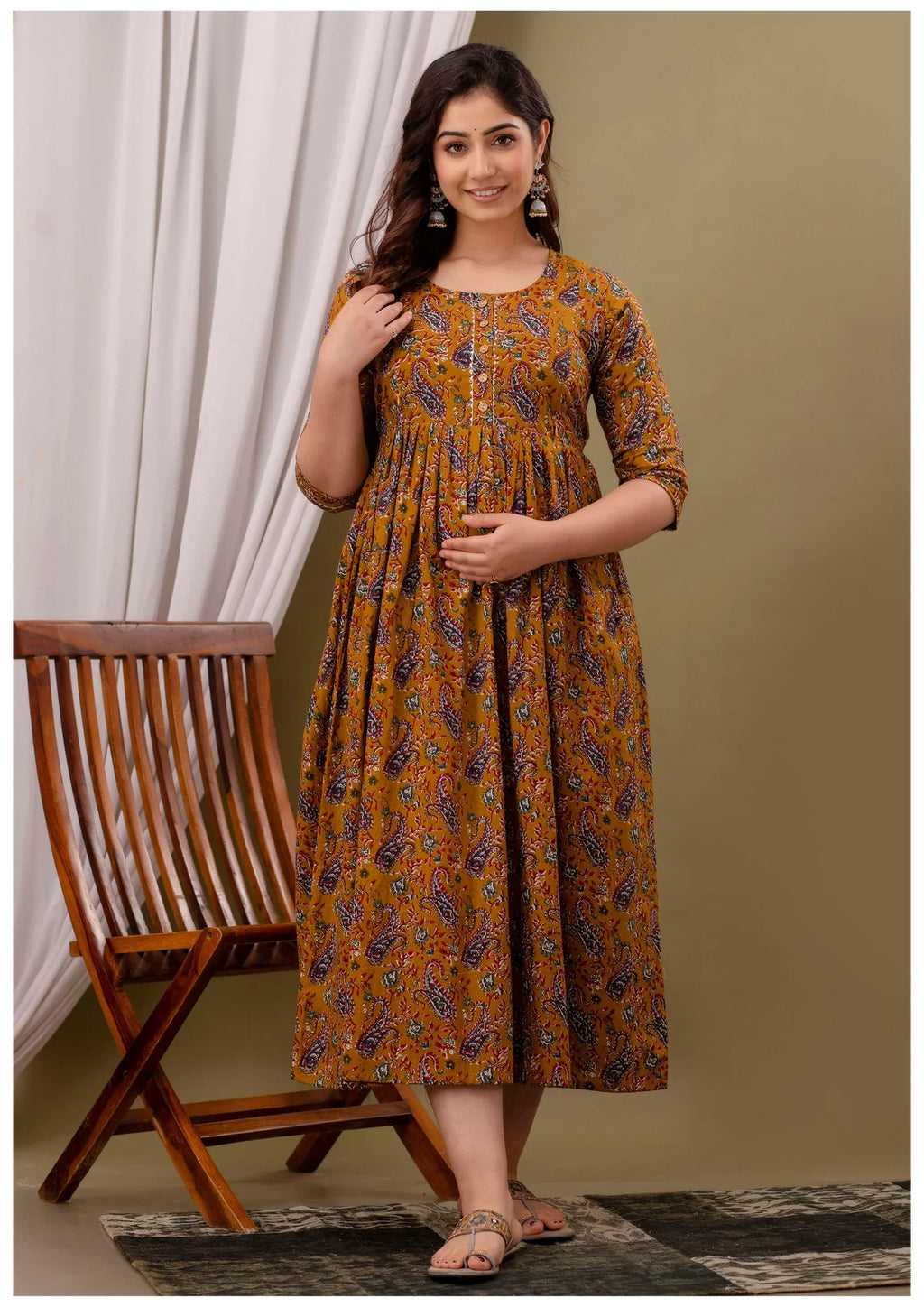 Mustard Paisley Print Maternity & Feeding Kurti Dress for Women