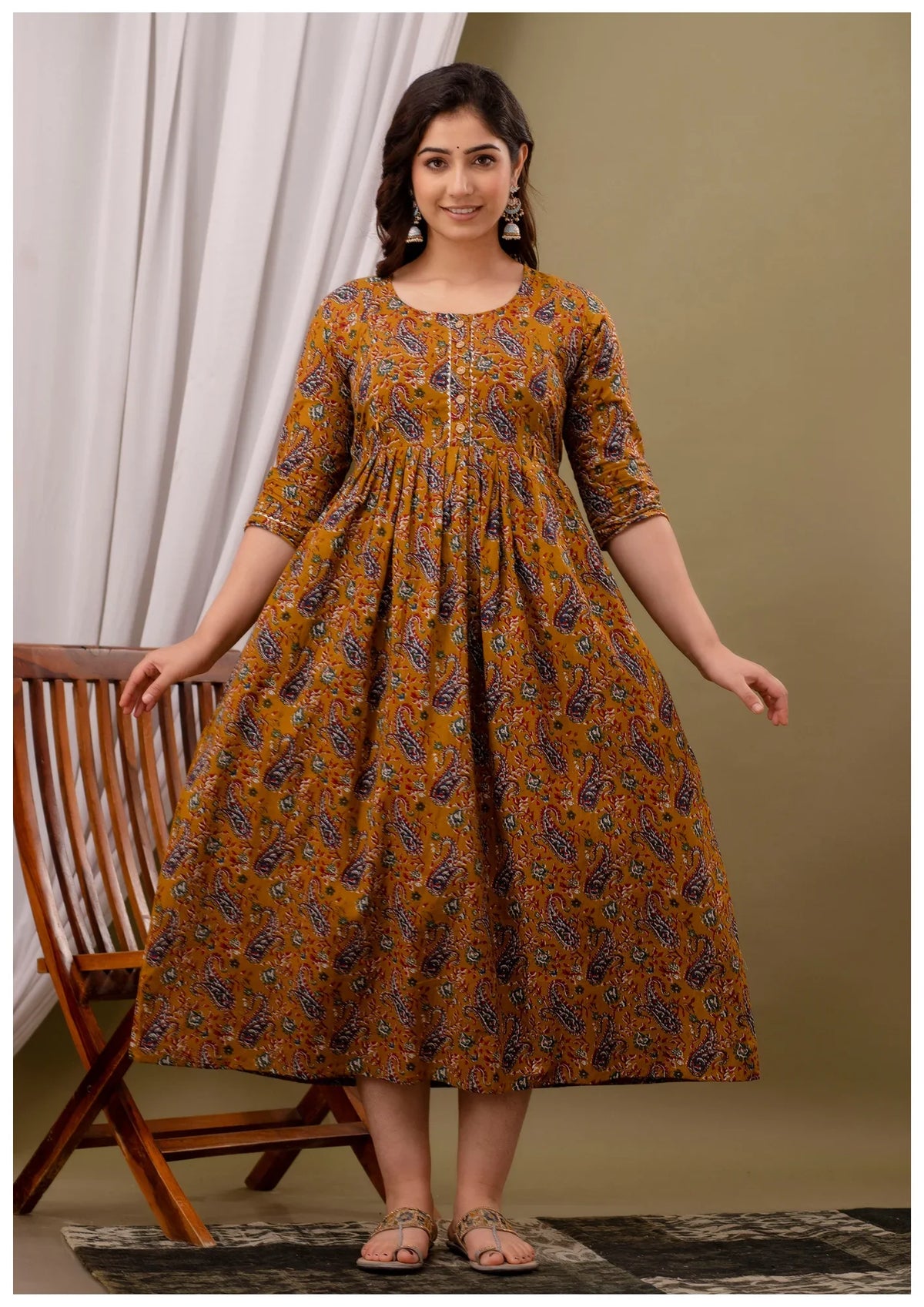Mustard Paisley Print Maternity & Feeding Kurti Dress for Women