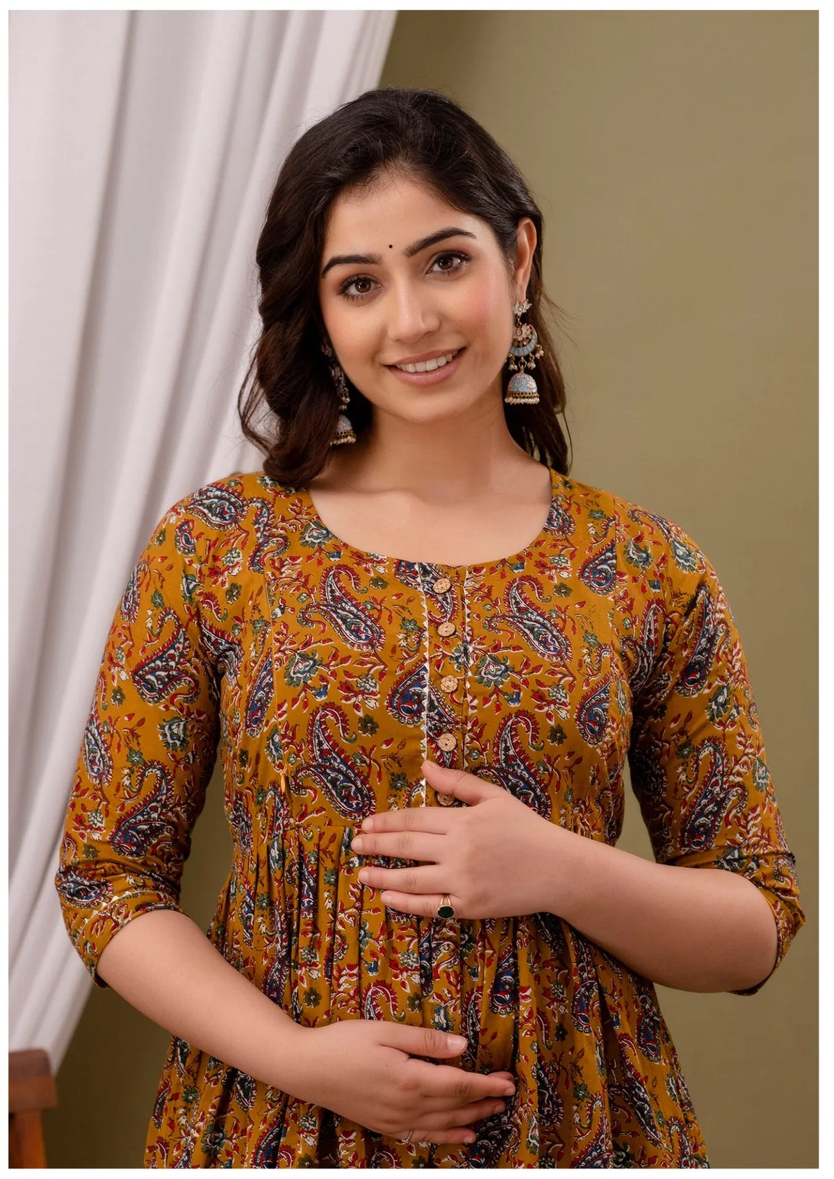 Luxury Mustard Paisley Maternity & Feeding Gown – Elegant Nursing Wear