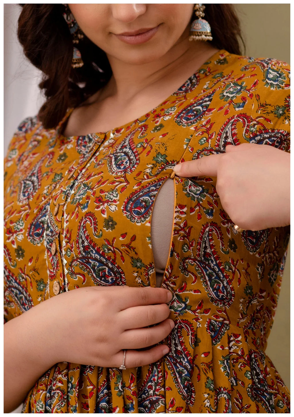 Mustard Paisley Print Maternity & Feeding Kurti Dress for Women