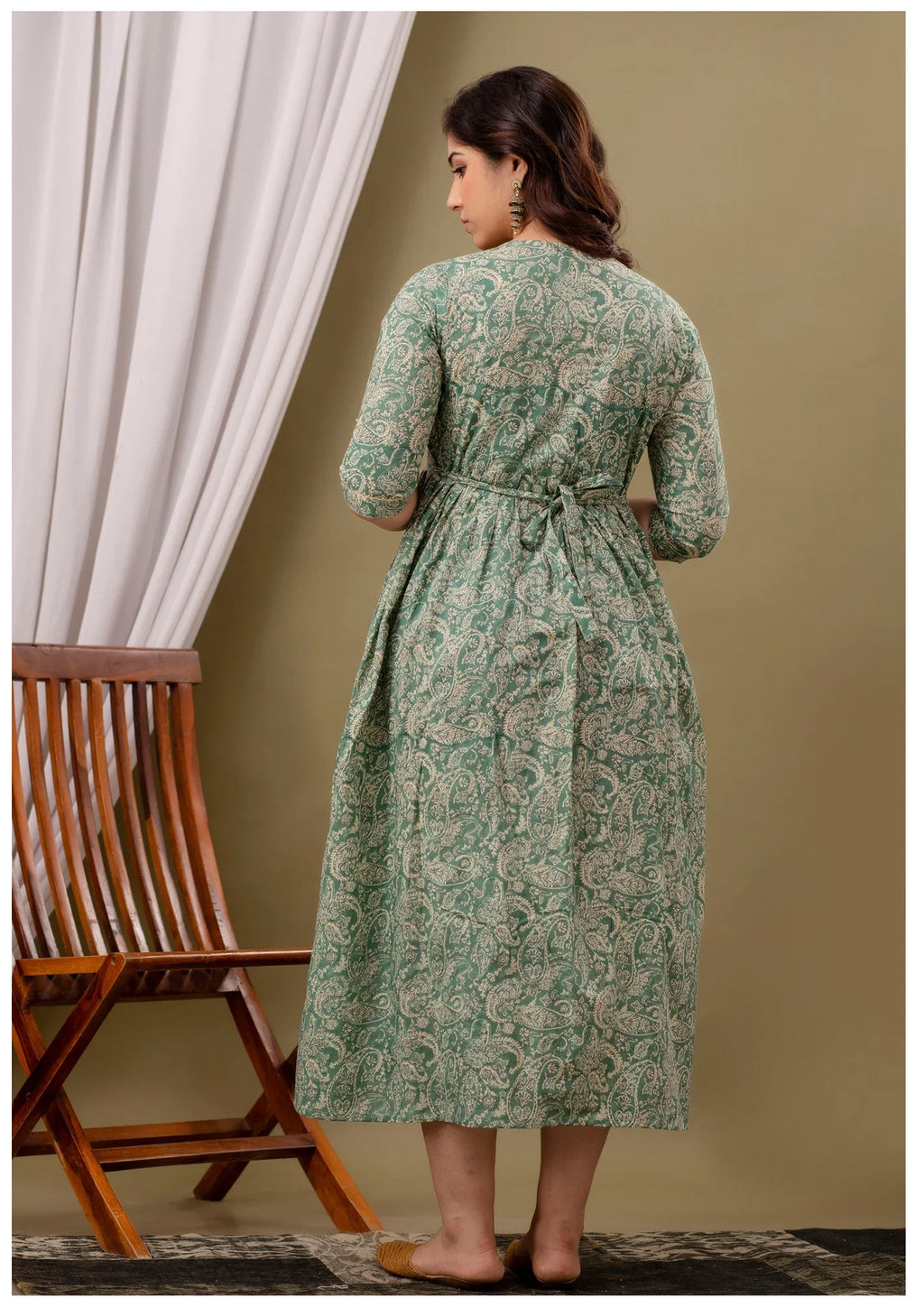 Elegant Sage Green Paisley Maternity & Feeding Gown – Premium Nursing Wear.
