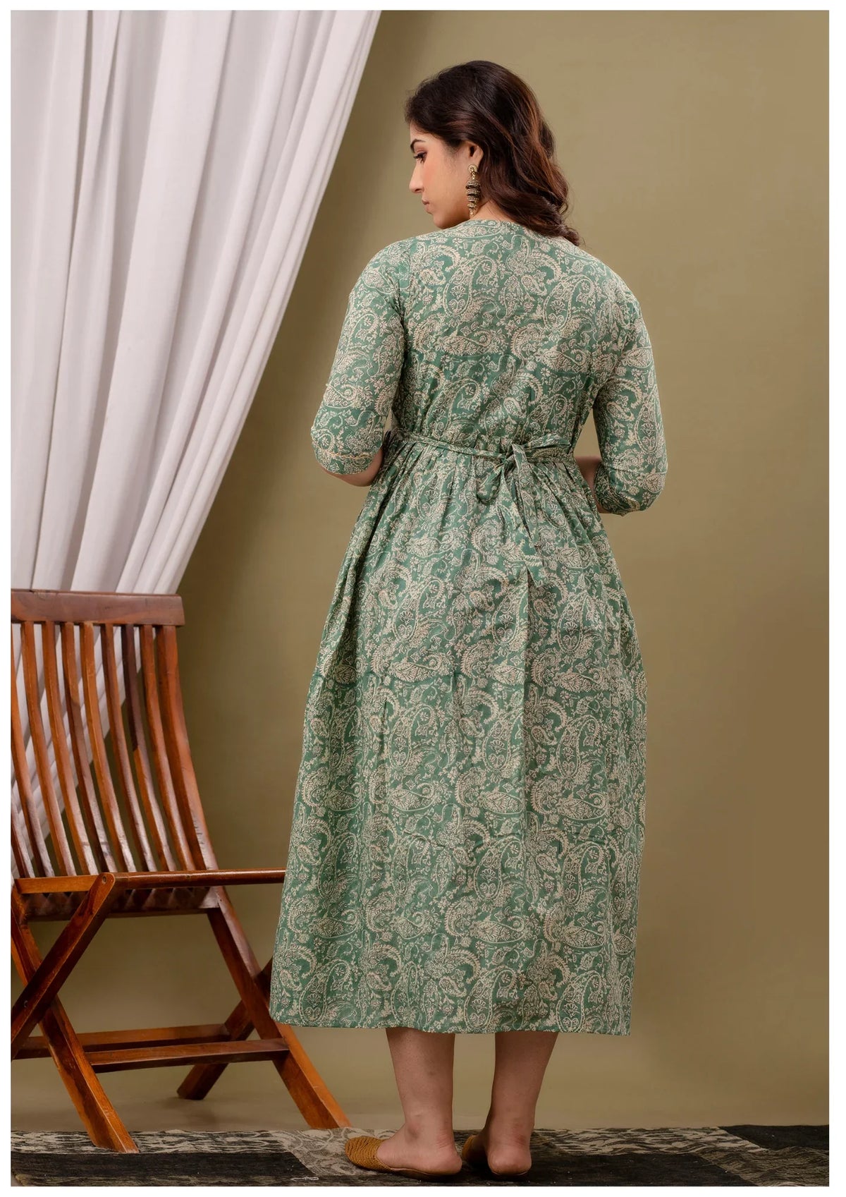 Elegant Sage Green Paisley Maternity & Feeding Gown – Premium Nursing Wear.